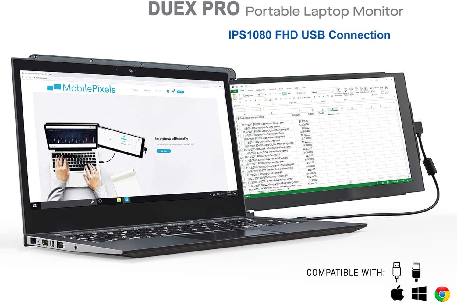 Mobile Pixels Duex Pro Portable Dual Monitor for Laptops, 12.5″ Full HD ...