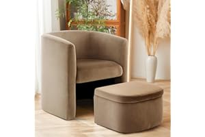 COLAMY Upholstered Velvet Barrel Accent Chair with Storage Ottoman, Morden Living Room Chair with Lounge Seat for Bedroom/Reading Spaces, Khaki
