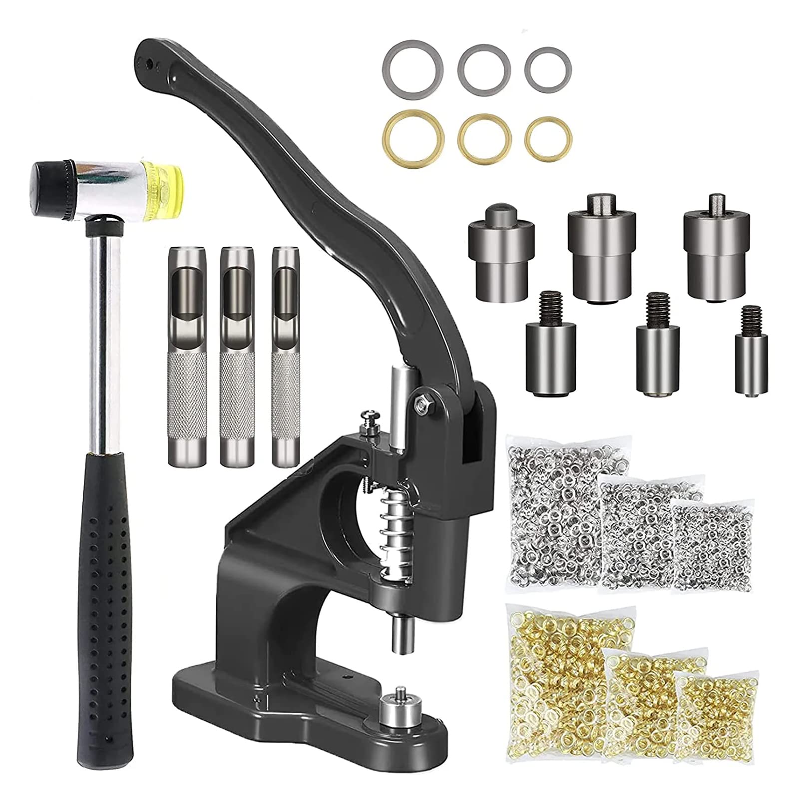 Photo 1 of Heavy-Duty Grommet Press Machine Kit – Hand Press Eyelet Rivet Setter Tool for Fabric, Leather, Banners & DIY Projects | 3 Dies (6mm, 10mm, 12mm) & 3000pcs Metal Grommets (Black)