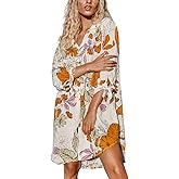 CUPSHE Women Mini Summer Dress Cover Up Oversize Floral Shirt 3/4 Sleeve Cuff Tie Button Down Beach Dresses Cover Up Top