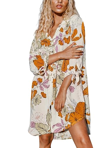 CUPSHE Women Floral Shirt Dress Cover Up Beach Dress 3/4 Sleeve