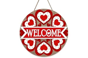 Bolisom Welcome Valentine's Day Love Front Door Sign, Red Hearts Farmhouse Wood Door Hanger Outdoor Outside Porch Decor, Anniversary Wedding Holiday Wooden Wreath Indoor Wall Hanging Decoration