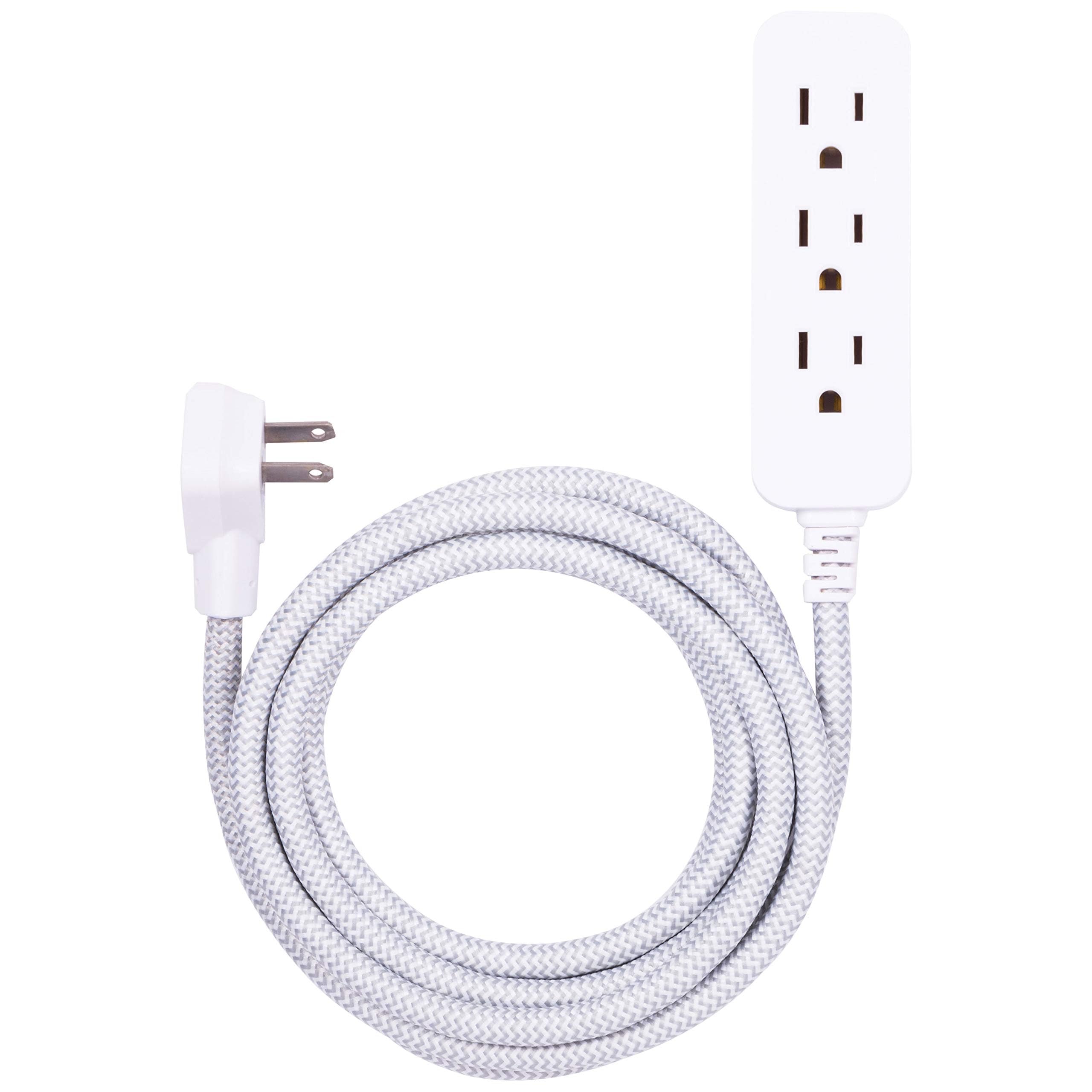 GE 3-Outlet Power Strip Surge Protector 8 Ft Braided Extension Cord with Multiple Outlets Grounded Flat Plug ETL Listed White 38433,(Pack of 12) Image
