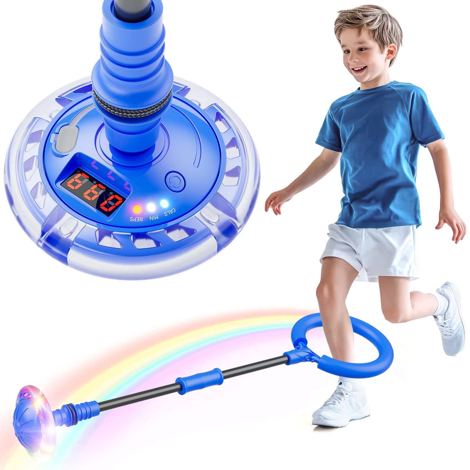 Hot Bee Ankle Skip Ball for Kids with Counter, Timer, Cal Calculator, Boy Girl Birthday Gifts for Age 5 6 7 8 9 10+ Rechargeable Foldable Sports Toy Skip it Toy for Kids Easter Present Blue