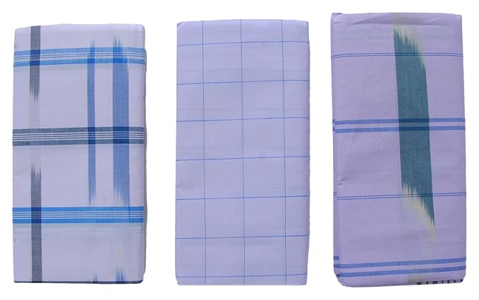 Men's Cotton Lungi (White, Combo of 3)- Assorted Design
