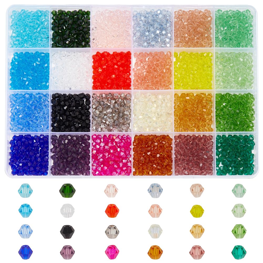 PH PandaHall 24 Colors Faceted Glass Beads 2400pcs Bicone Crystal Beads 4mm Shining Small Bead Colorful Bead for DIY Craft Bracelet Necklace Earring Jewellery Making Keychain Bags Decoration