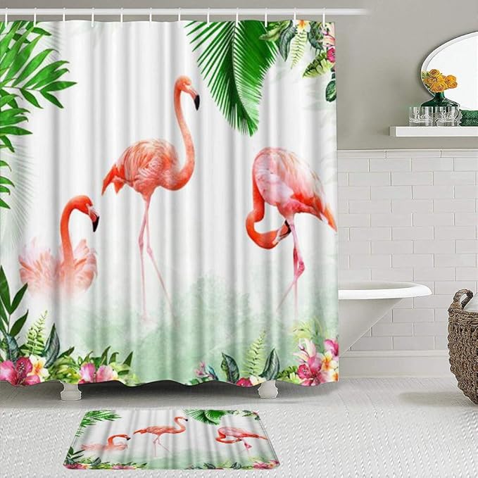 KISSENSU Badezimmer-Vorhang-Set,Flamingo tropisches Palmblatt mit