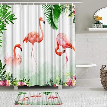 KISSENSU Badezimmer-Vorhang-Set,Flamingo tropisches Palmblatt mit