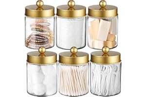 Amolliar Qtip Holder Dispenser - 8 oz Plastic Apothecary Jar Containers for Vanity Makeup Countertop Organizer Storage -Bathroom Canister Accessories Set for Cotton Swab, Ball, Pads, Floss-Gold (6)