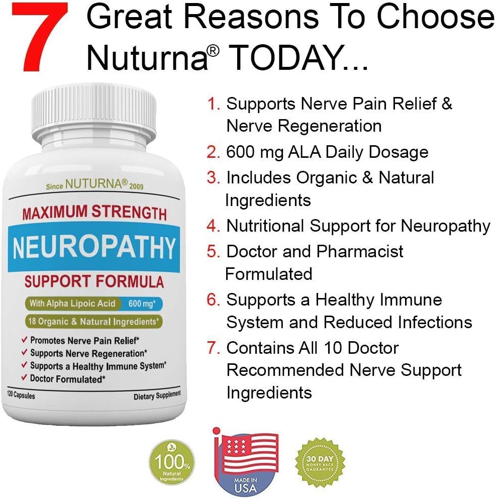 Neuropathy Support Supplement - Nerve Pain Support with 600 mg Alpha Lipoic Acid Daily Dose - Peripheral Neuropathy - Feet Hand Legs Toe Maximum Strength Nerve Renew Repair Support Formula, 120 Caps: Health & Personal Care