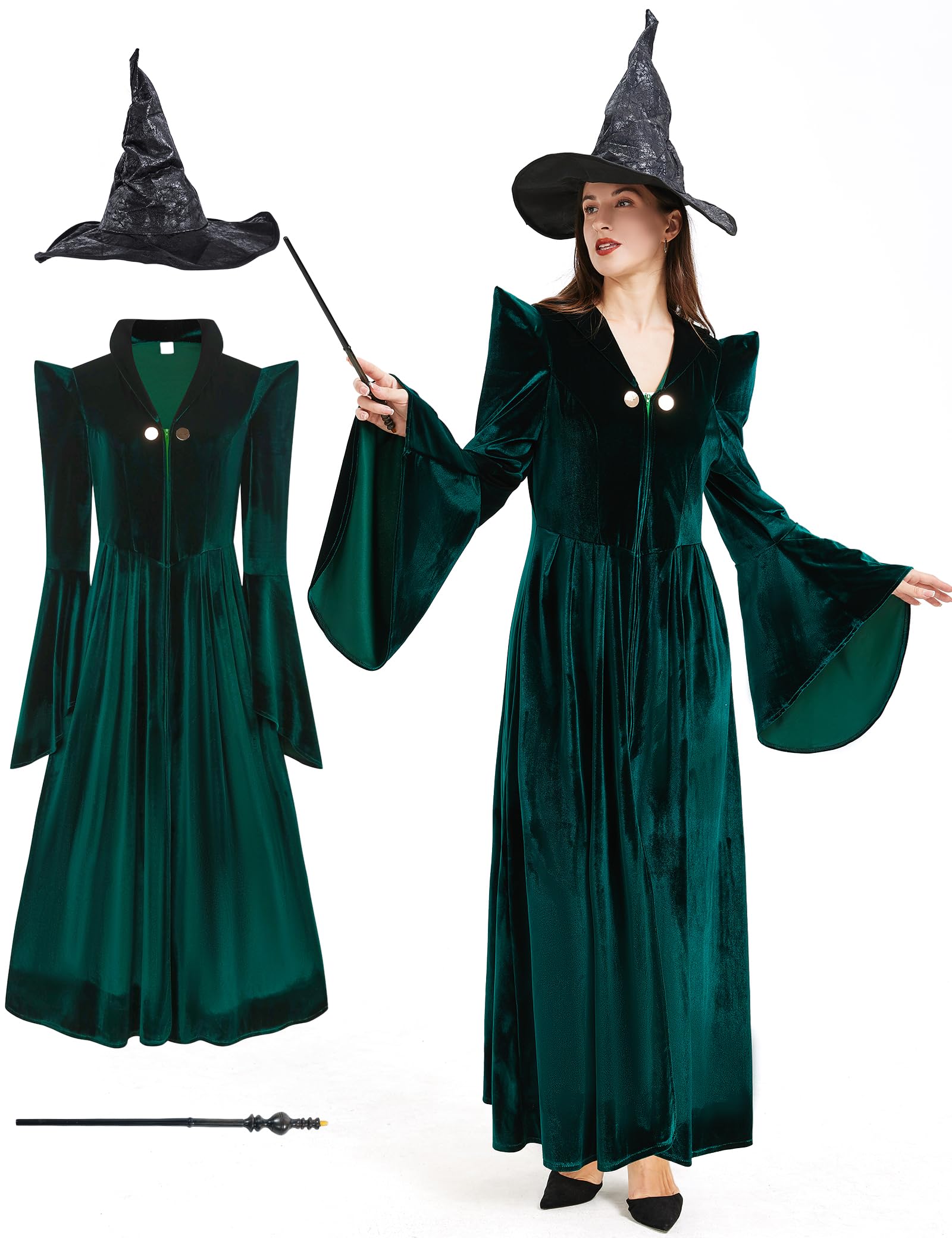 Photo 1 of Takuvan Professor Witch Costume Adult Women Dark Green Velvet Dress Wizard Plus Size Costumes Outfit for Halloween Cosplay