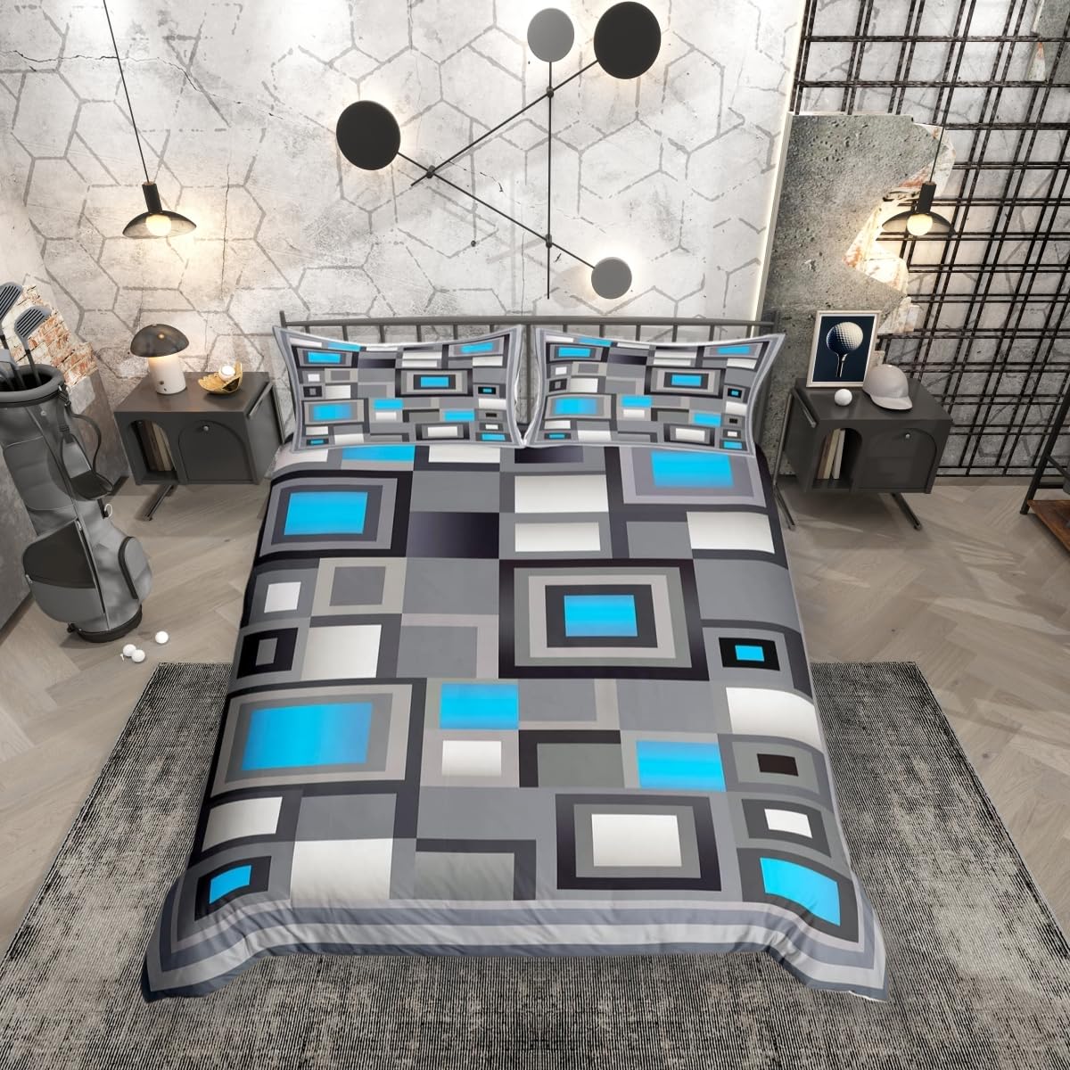 Modern Duvet Cover King Size,Teal White Gray Square Comforter Cover with 2 Pillowcase for Teens Adults,Kids Abstract Grid Art Bedding Set,Geometric Breathable 3 Pcs Decorative Bed Cover