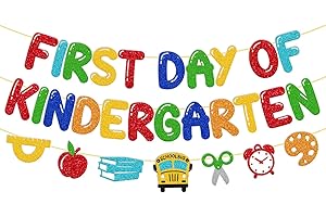 LEVVCIRKI First Day of Kindergarten Banner for 1st Day of Kindergarten Decorations Apple Ruler School Bus Scissors Alarm Clock Drawing Board Sign Classroom Party Supplies