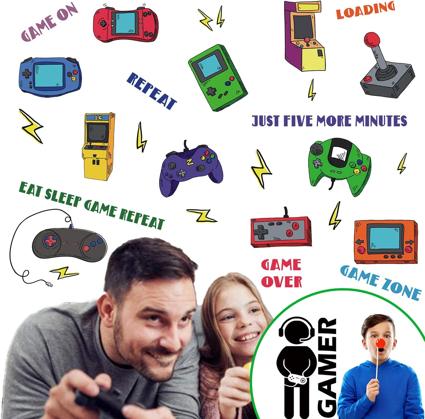 45 Pieces Gamer Wall Stickers Video Game Wall Decals, Cool Gamer Controller Classic Game Phrases Boys Room Decor - Removable DIY Cartoon Party Wallpaper Posters for Boys Kids Gamer Bedroom Playroom