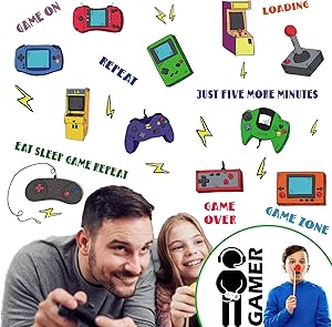 45 Pieces Gamer Wall Stickers Video Game Wall Decals, Cool Gamer Controller Classic Game Phrases Boys Room Decor - Removable DIY Cartoon Party Wallpaper Posters for Boys Kids Gamer Bedroom Playroom