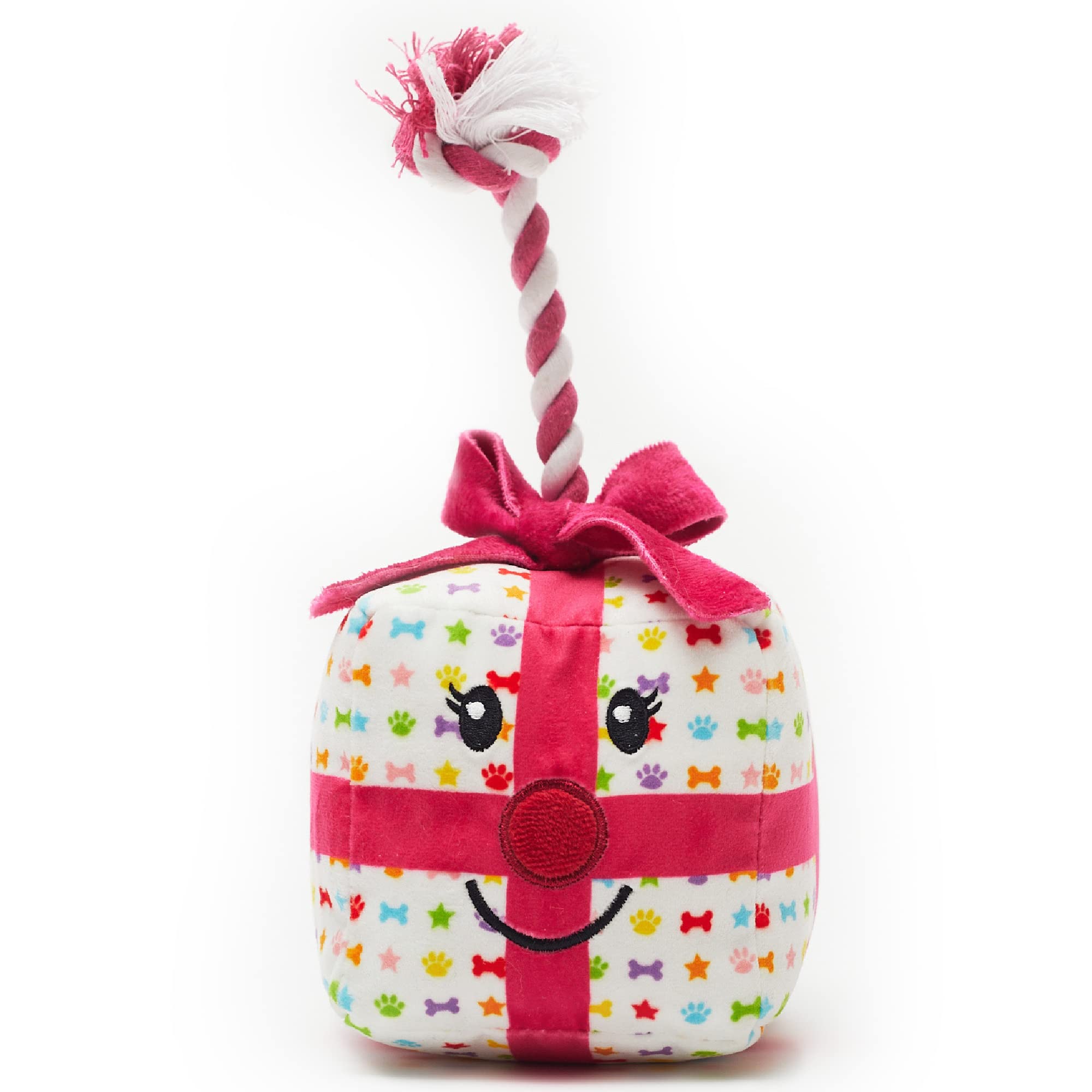 Pet London Dog Present Squeaky Soft Plush Toy with Rope Tug in Fun Bright Colours - Celebrate Your Dog's Happy Birthday - Plush Rainbow Pattern Dog Party Bday or Adoption Gift