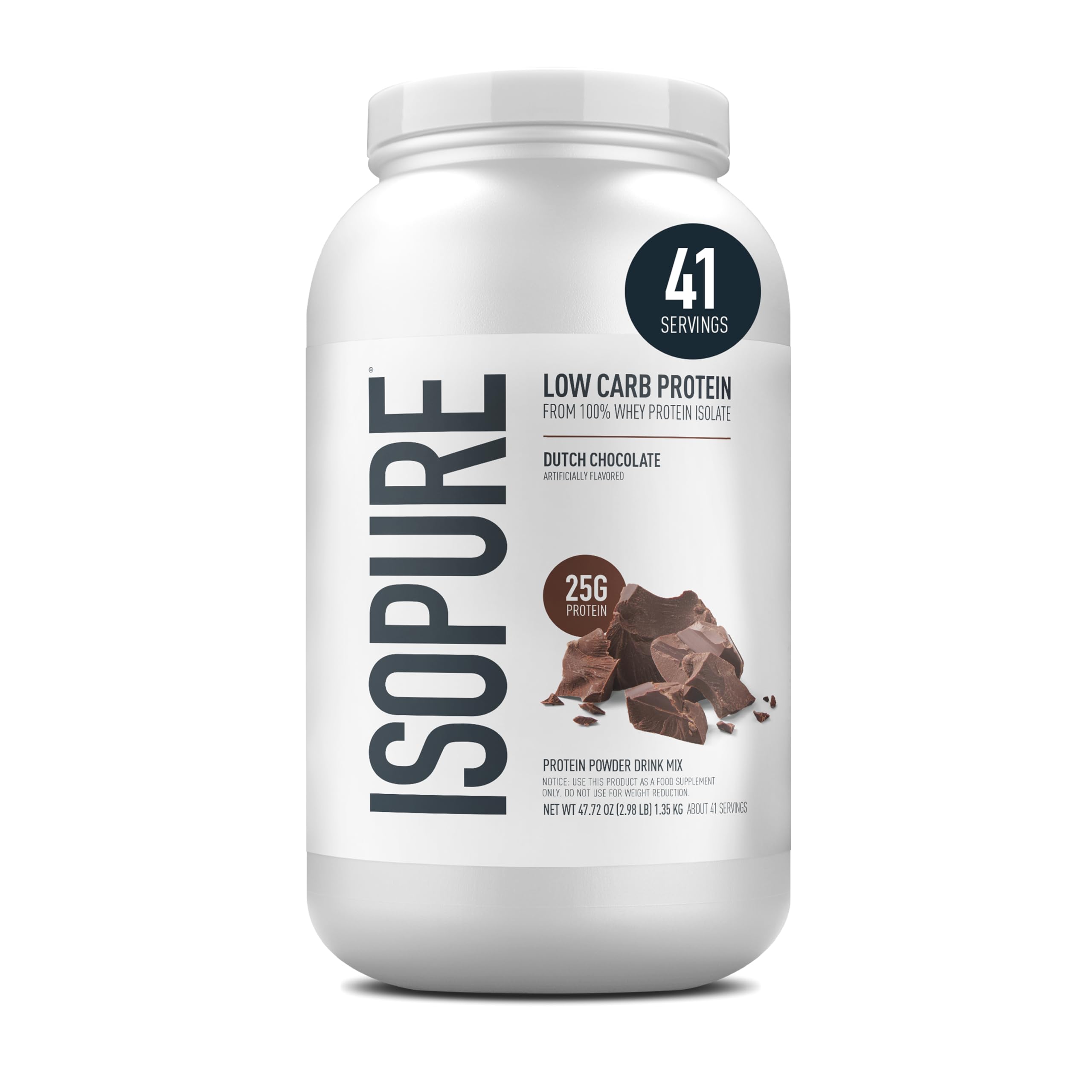 Isopure Low Carb 100% Pure Whey Isolate Protein Powder, Gluten Free, With Vitamins, Dutch Chocolate, 25g Protein Per Serving, 3 lb