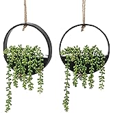 CEWOR 2pcs Artificial Hanging Succulent Plants, Fake String of Pearls in Pot with Lanyard Boho Wall Decor for Bathroom Living Room Home Indoor Outdoor Decorations, Black