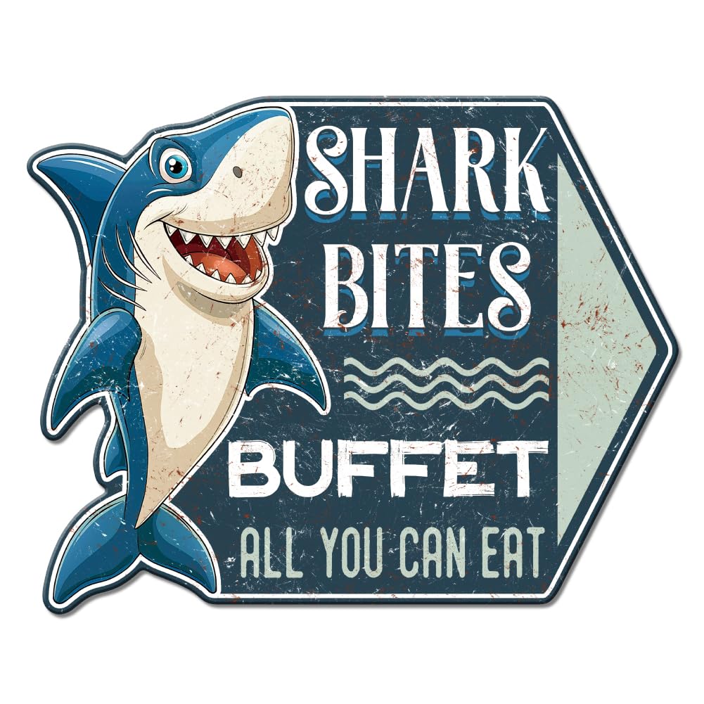 GLOBLELAND Shark Bites Buffet All You Can Eat Vintage Metal Tin Sign Retro Plaque Poster Metal Wall Decorative Tin Signs for Home Restaurant Kitchen or Dining Room