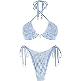 ZAFUL Women's Bikini Set Fishnet Triangle Tie Convertible Collar Halter Bandeau Shell Two Piece Bathing Suit