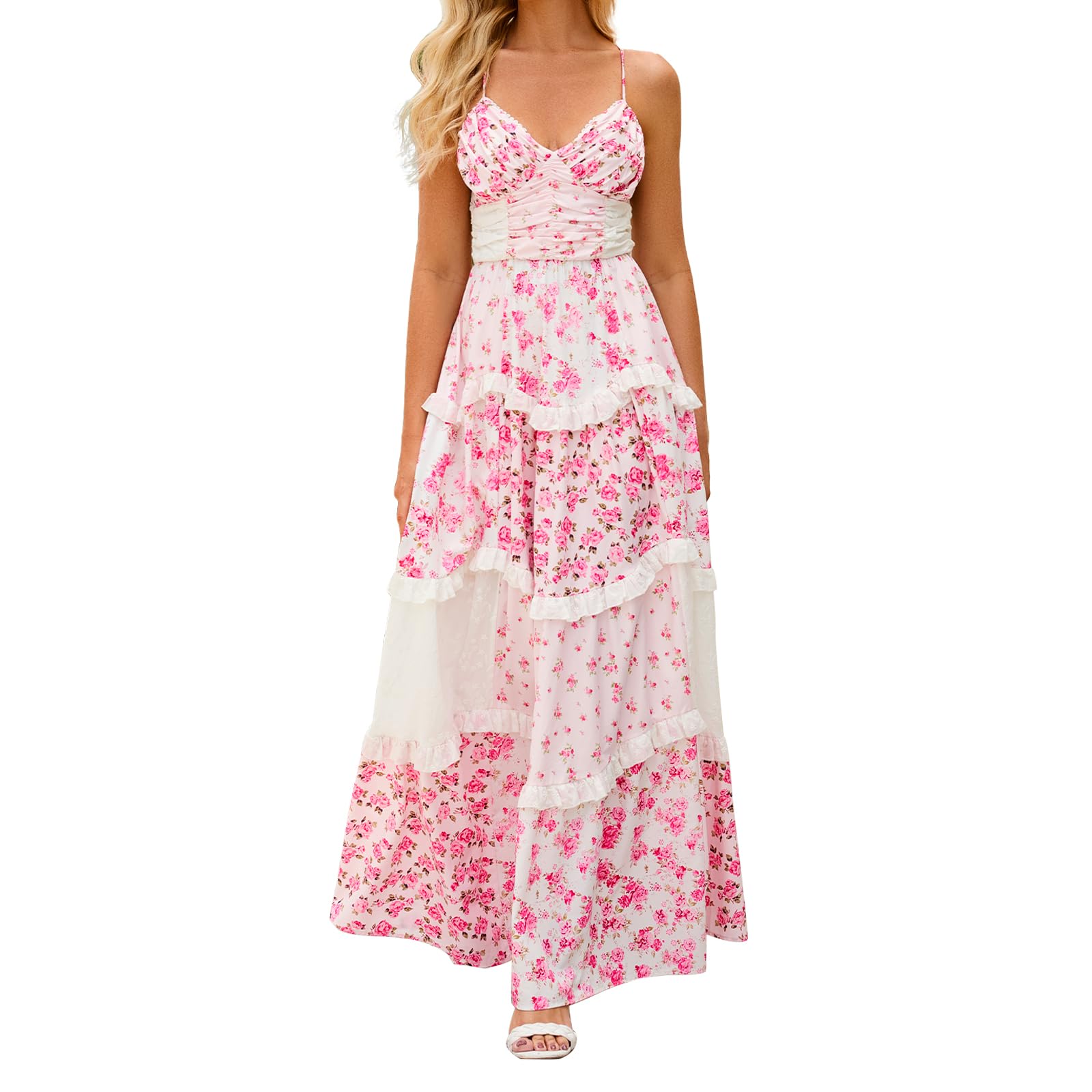 Photo 1 of (STRAPPED DAMAGED) (LARGE) (BAGGED) ABYOVRT Women Floral Maxi Dress Spaghetti Straps V Neck Patchwork Flowy Boho Sundress Tiered Long Dresses (Pink,L)