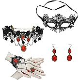 Hopodix 5PCS Ruby stone black lace Goth accessories with Gothic choker necklace bracelet earings masquerade mask for women Victorian Vampire Accessories