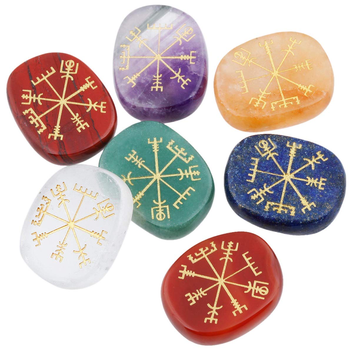 mookaitedecor Viking Runes Reiki Stones Set, Nordic Viking Gifts, Natural Polished Healing Crystals Quartz Palm Stones Engraved Vegvisir Symbol Semi Precious Stones for Reiki Meditation