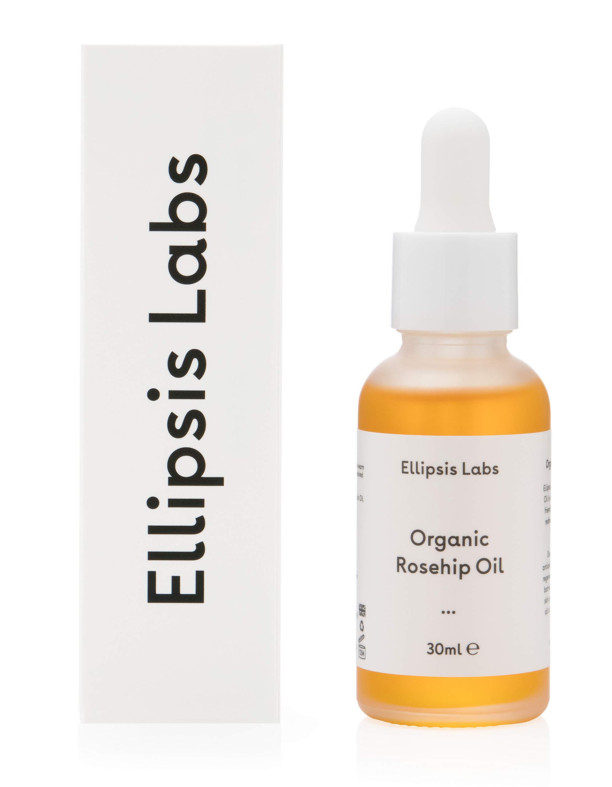 Organic Rosehip Oil by Ellipsis Labs. 100% natural and organic moisturising oil, works against dry skin conditions for improved skin barrier function. 30ml/1fl.oz
