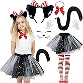 Popuid Girls Cute Cat Costume for Kids, 100th Day of School Red and White Cats Cosplay Outfit with Tutu Fluffy Cat Tails Bow Tie Set for Read Book Day Halloween Party Dress up