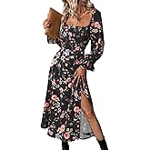 Relipop Women's Floral Puff Long Sleeve Maxi Dress Casual Square Neck Flowy Boho Split A Line Dresses