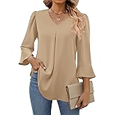 Funlingo Womens 3/4 Length Sleeve Tops Dressy Casual V Neck Business Chiffon Blouses Pleated Trendy Work Shirts