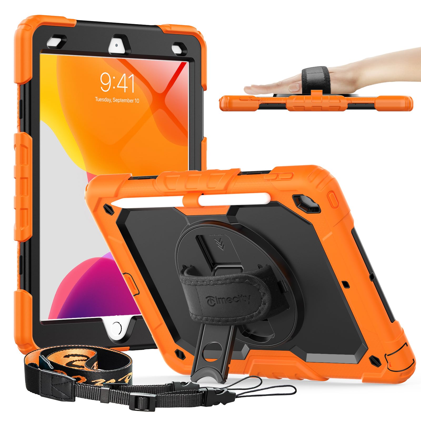 Timecity Case for iPad 9th/ 8th/ 7th Generation 10.2 inch - Heavy Duty Protective Cover with Screen Protector, Rotating Stand, Shoulder Strap & Pencil Holder | Kids-Friendly, Orange