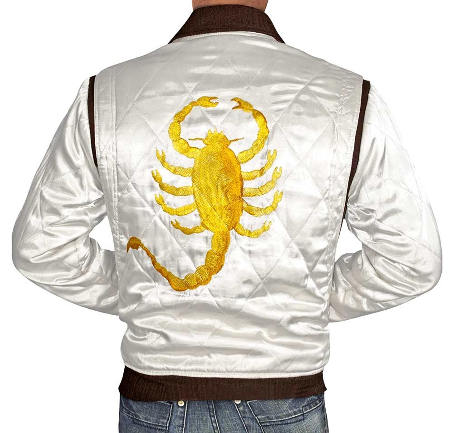 Mens Quilted Bomber White Satin Jacket Drive Scorpion XL Homer's Coat