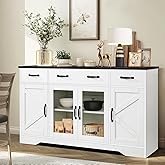 Likein Sideboard Buffet Cabinet with Storage - 55" Kitchen Storage Display Cabinet with 4 Drawers and Glass Doors, 15.8" D Fa