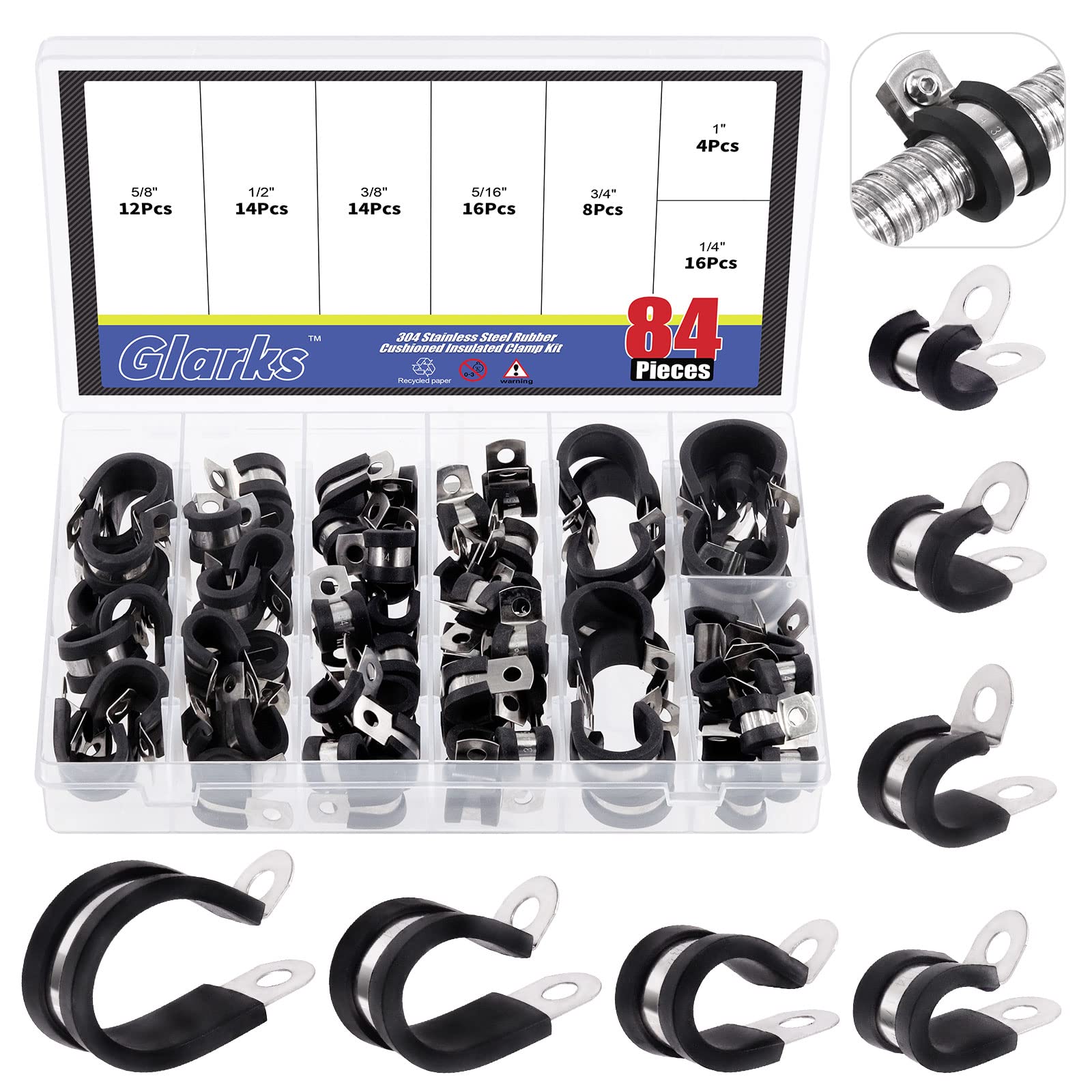 GLARKS 84Pcs 7 Sizes 304 Stainless Steel & Rubber Cushioned Insulated Pipe Clamps Set, Black