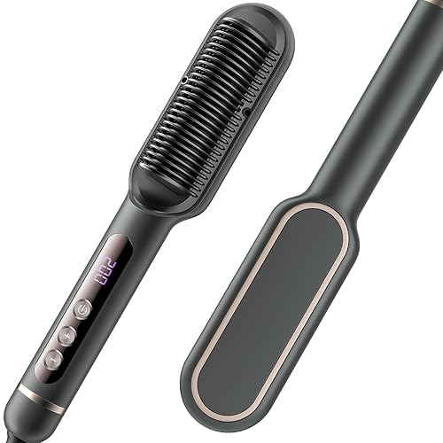 Ionic Hair Straightener Brush UK, Flat Iron and Hair Brush 2-in-1 Hot Comb with 9 Temperature Settings & LED Screen, Heated Hair Brush with Nano Titanium Coating for Even Even Straightening for Girl
