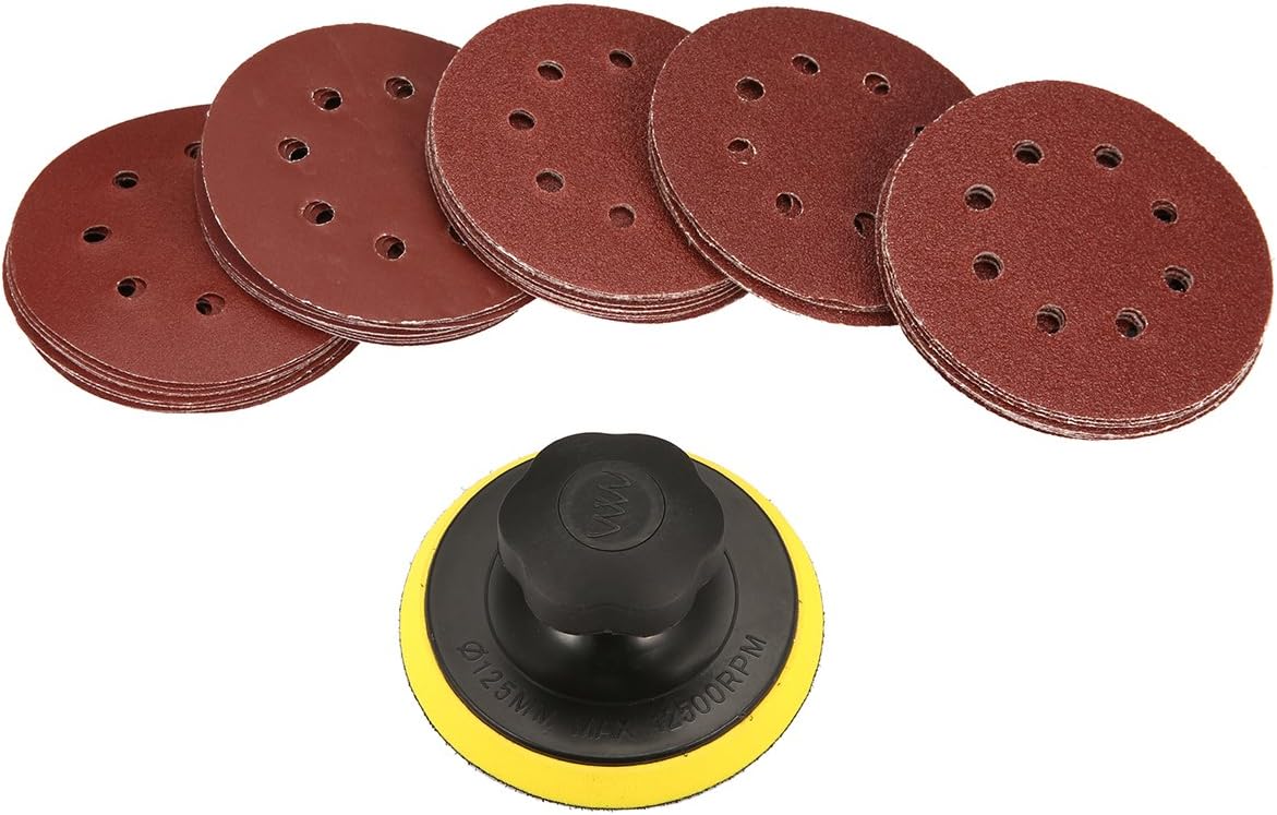 INSMA 5 inch Hand Sanding Block Kit, Hand Sander and 50 Sanding Discs, Hook and loop Sanding Hand Pad Polishing Finishing Round Discs, 60G 80G 120G 180G 240G