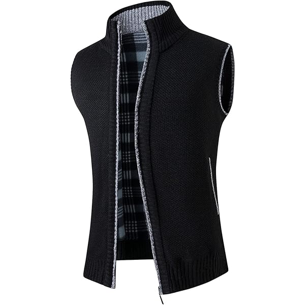 Mens Full Zip Sweater Vest Velvet Lined Stand Collar Sleeveless