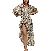 Casual Summer Dresses for Women Swing Floral Half Open Collar Boho Puff Sleeve Loose Midi Beach Dress