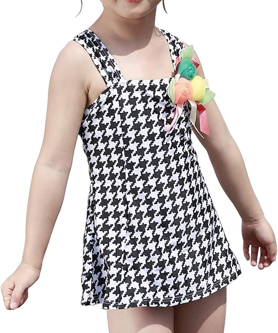 Amazon 子供用 水着 ワンピース ジュニア ガールズ 女の子 千鳥格子 コサージュ スイミング Kids 水着 通販