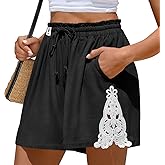 TARSE Womens Linen Shorts Elastic Waist Drawstring Lace Trim Casual Summer Lounge Beach Shorts with Pocket