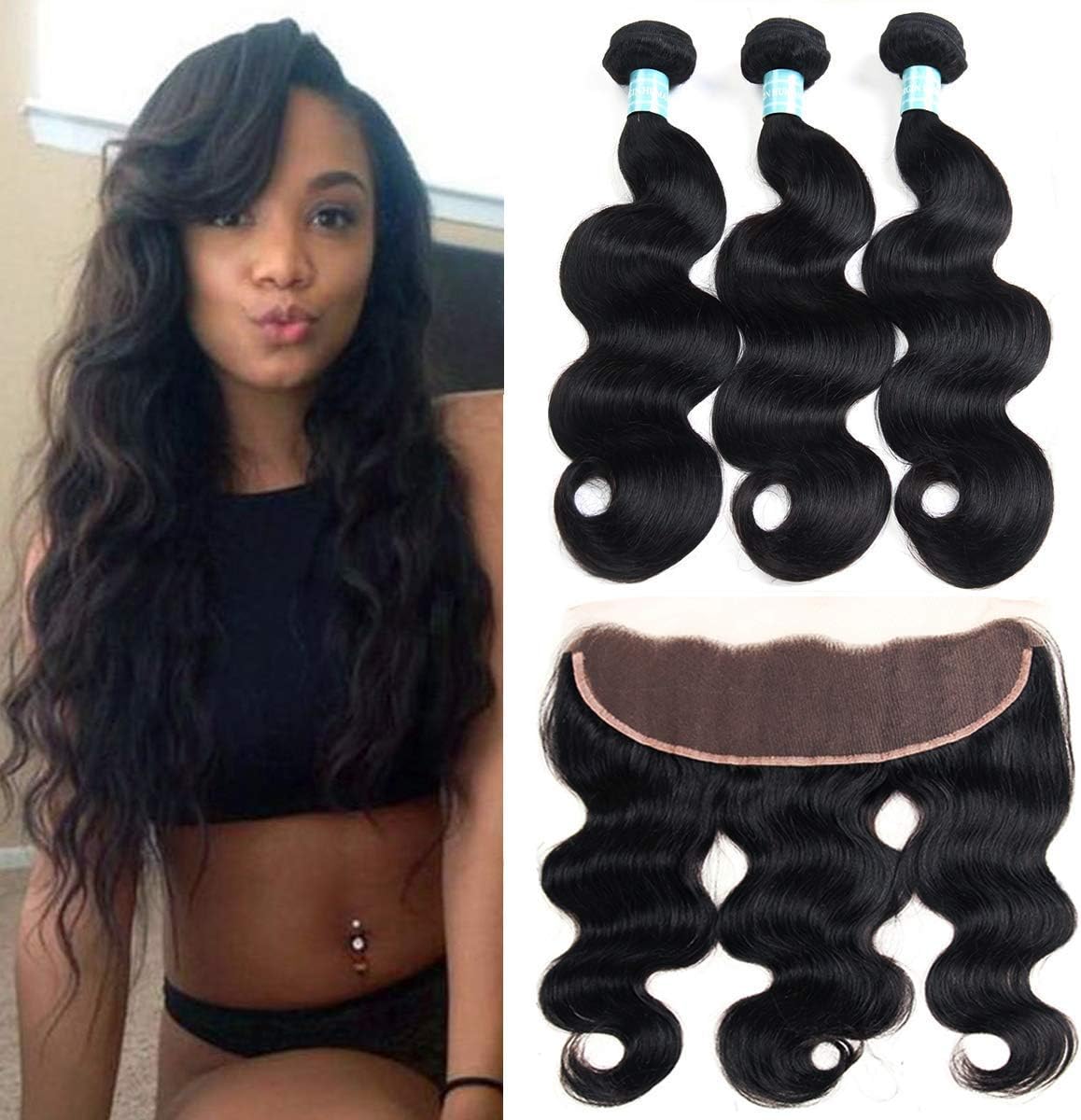 Siji Mei Brazilian Body Wave With Closure 100% Unprocessed Virgin Human Hair 3 Bundles With Closure Natural Black Color Weave And 4x4 Inch Lace Closure (22 24 26 with 20 Frontal, Frontal)
