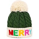 LILLBJORNEN Christmas Merry Beanie for Women Winter Crochet Hat Chunky Cable Knit Pompom Santa Hat