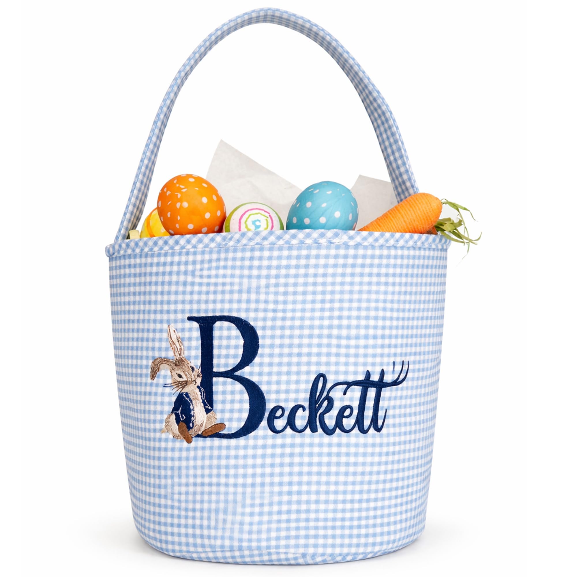 INDERO Personalized Easter Baskets—Custom Embroidered Name Gingham Easter Gift Basket for Kids Durable Easter Egg Hunt Buckets—Customizable Easter Gifts for Boys & Girls（Blue/pink）