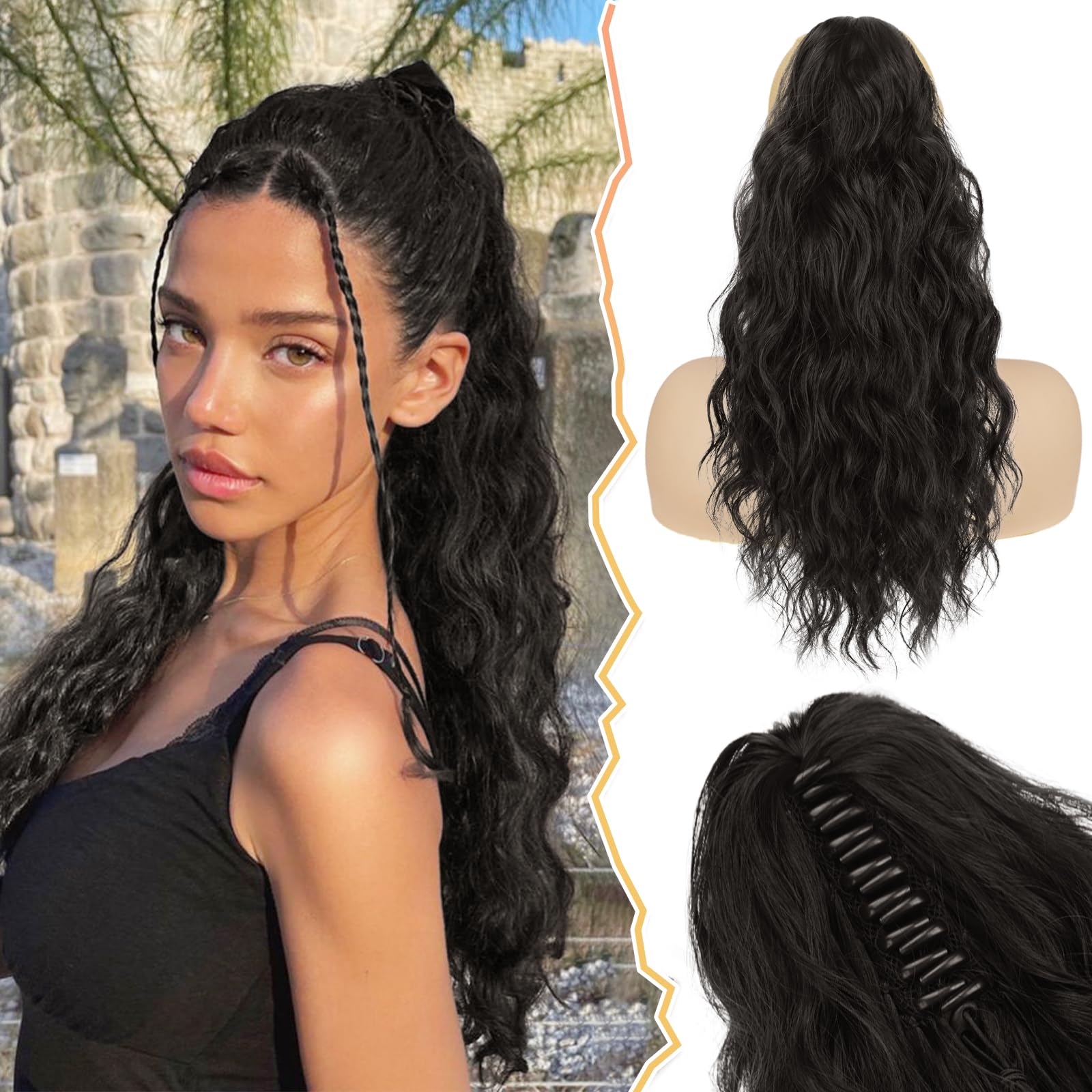 BARSDAR Claw Clip Ponytail Extension 18 Inch Long Curly Wavy Black Brown Ponytail Hair Extensions Multi Layered Synthetic Fake Pony Tail Hairpieces for Women Girls Daily Party- Black Brown