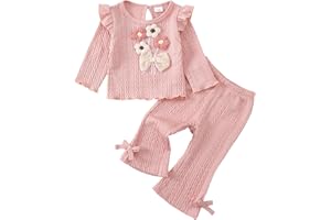 Kucnuzki Toddler Baby Girl Clothes Outfit Long Sleeve Ruffle T Shirt Top Bell Bottom Pants Two Piece Fall Winter Outfits