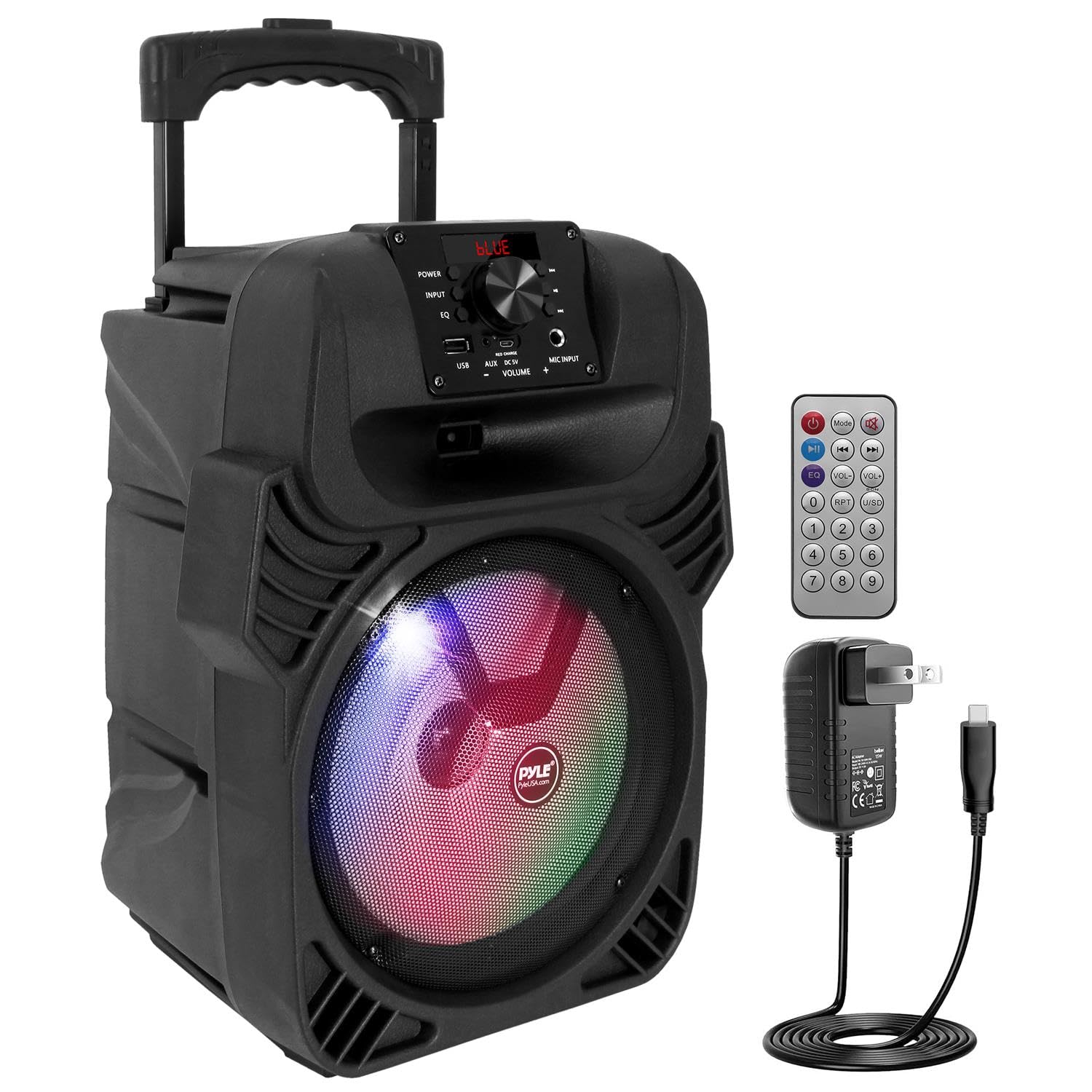 Photo 1 of Pyle 400W Portable Bluetooth PA Loudspeaker - 8” Subwoofer System, 4 Ohm/55-20kHz, USB/MP3/FM Radio/ ¼ Mic Inputs, Multi-Color LED Lights, Built-in Rechargeable Battery w/ Remote Control -PPHP844B