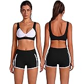 ABOCIW Womens Workout Sets Contrast Trims Twist Front Sports Bra High Waist Mini Shorts with Pockets Pilates Outfits