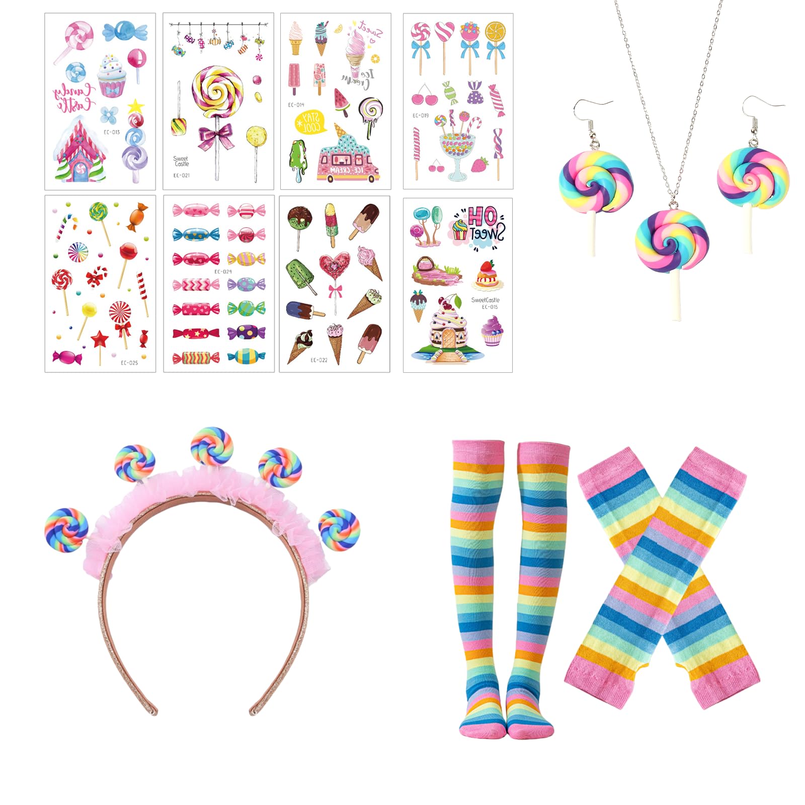 MUNSKT Candyland Candy Costumes for girl Lollipop Costume Lollipop Necklace Earrings Headband Hair Tattoos Gloves High-stocking Candy Theme Cosplay Accessories for Halloween Christmas Carnival