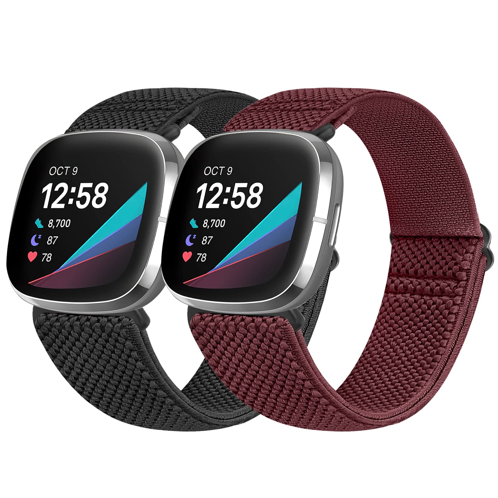 Vodtian Elastic Nylon Loop Straps Compatible with Fitbit Sense 2/Fitbit Sense/Fitbit Versa 4/Fitbit Versa 3 Strap, Adjustable Soft Stretchy Sport Braided Replacement Wristband for Men Women, 2 Pack